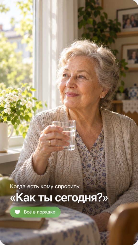 An older woman at home by the window, holding a glass of water